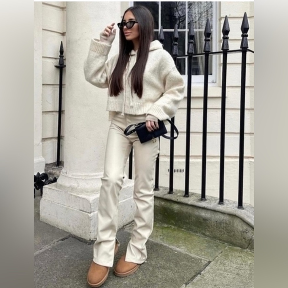 Zara Vegan Leather Pants with Ankle Side Slit, Size 2, Like New, Cream